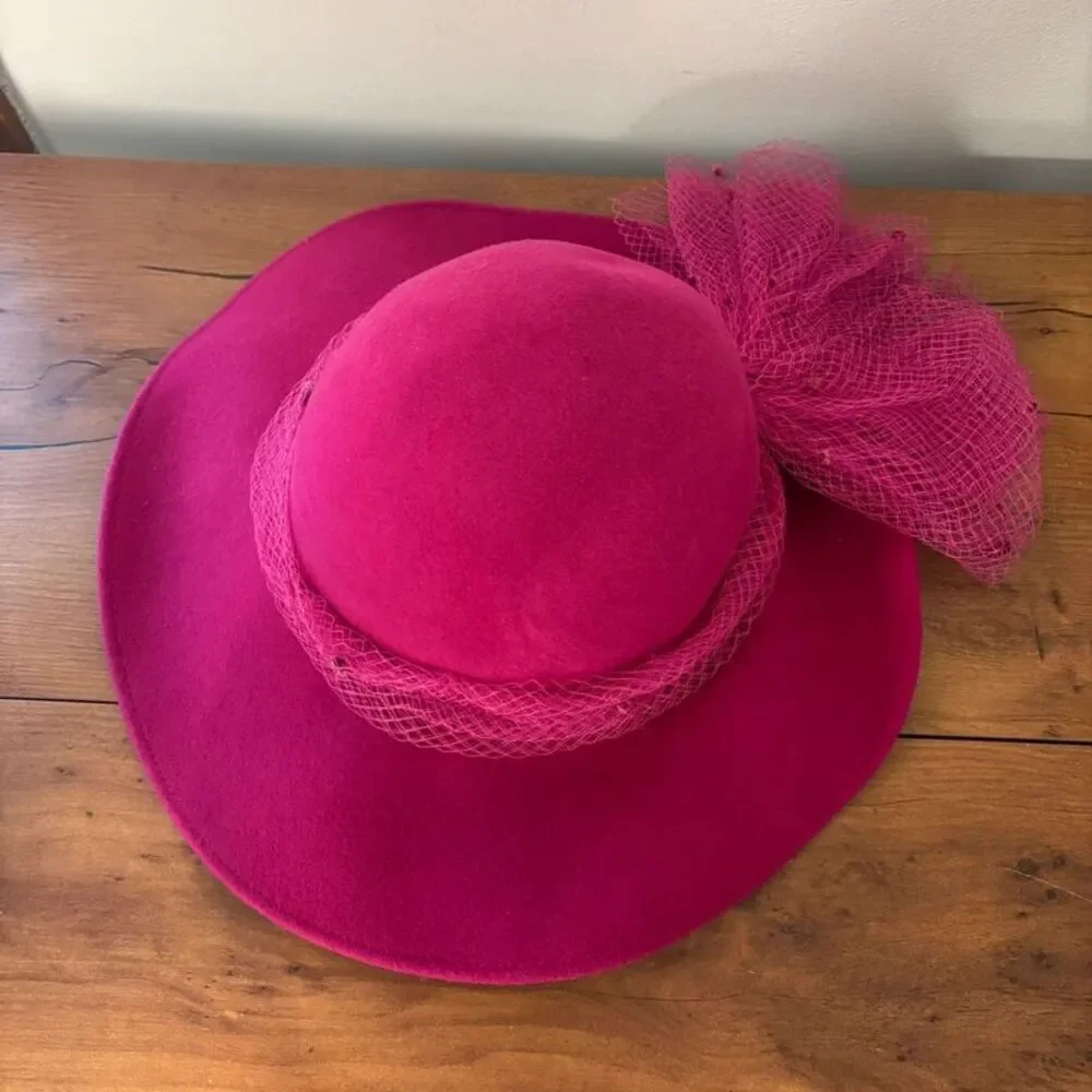 Vintage Mr Kurt Original Hot Pink 100% Wool Wide Brim Hat Excello Veil USA Made